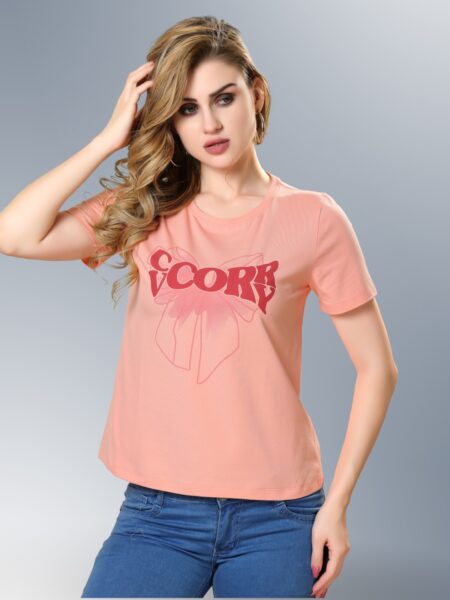 peach light pink Round Neck Printed T-Shirt for women