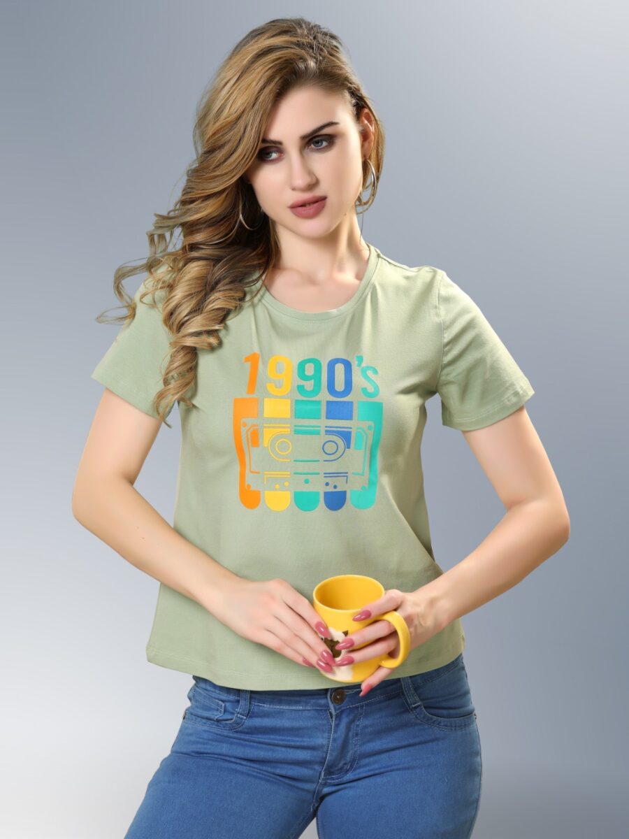 Pista Light Green Round Neck Printed T shirt for women